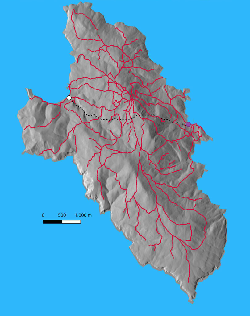 3d dell'Isola del Giglio con i sentieri evidenziati.