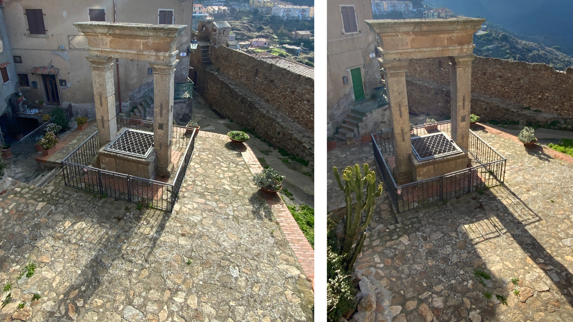 La due foto mostrano un cortile in pietra di un borgo antico, con un pozzo sormontato da un arco in pietra e due colonne al centro.