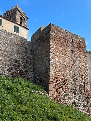 L'immagine mostra un imponente edificio in pietra, torre, che si erge su un pendio erboso
