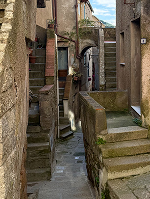 L'immagine mostra uno stretto e ripido vicolo a Giglio Castello, che è anche una scalinata in pietra.
