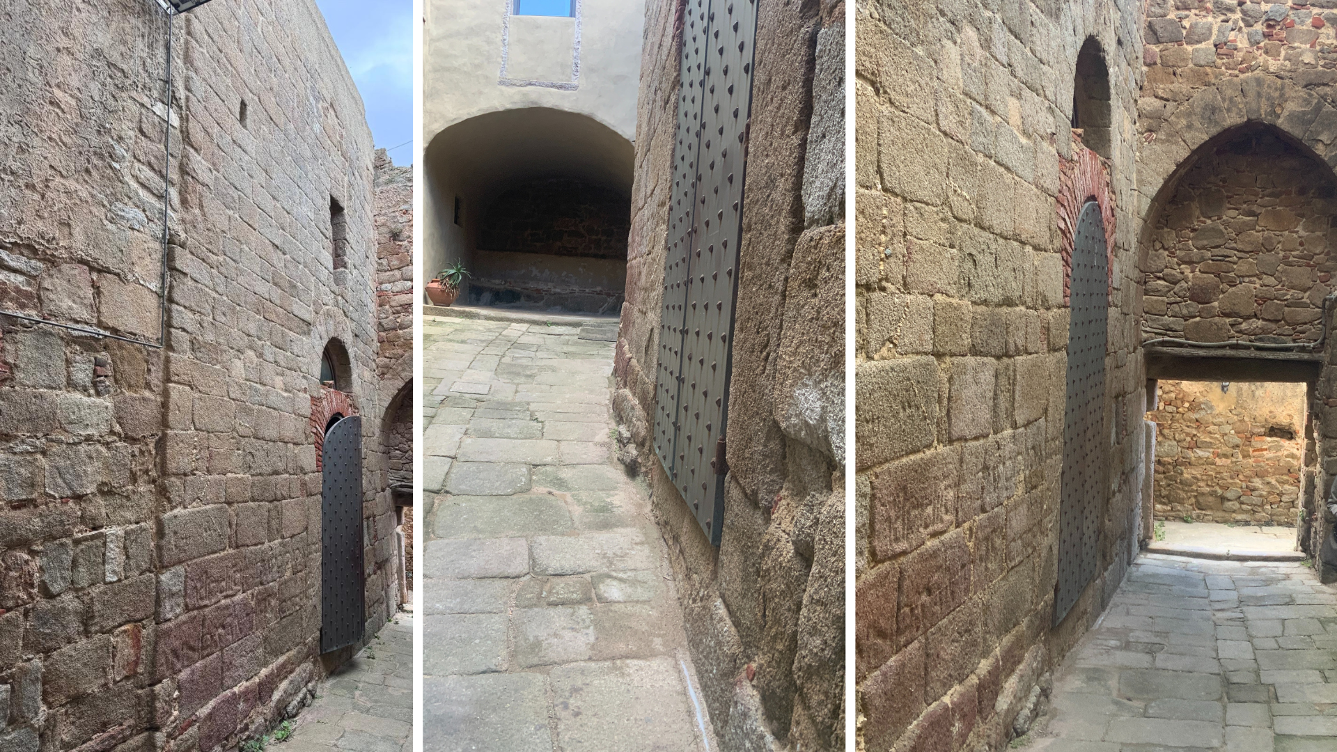 Tre immagini che inquadrano una porta storica in metallo da diverse angolature