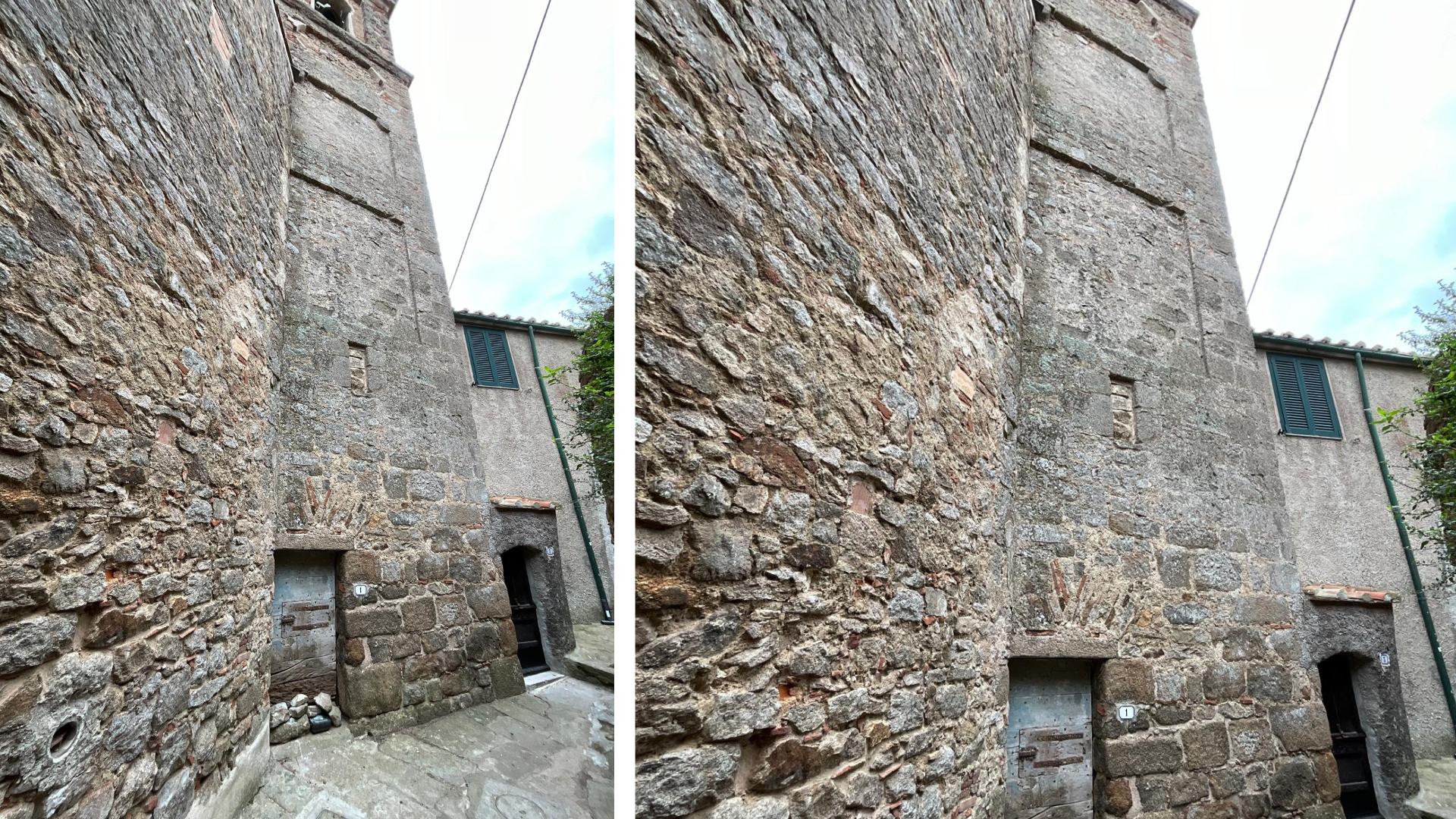 Le due immagini rappresentano una torre storica in pietra vista da due angolature molto simili.