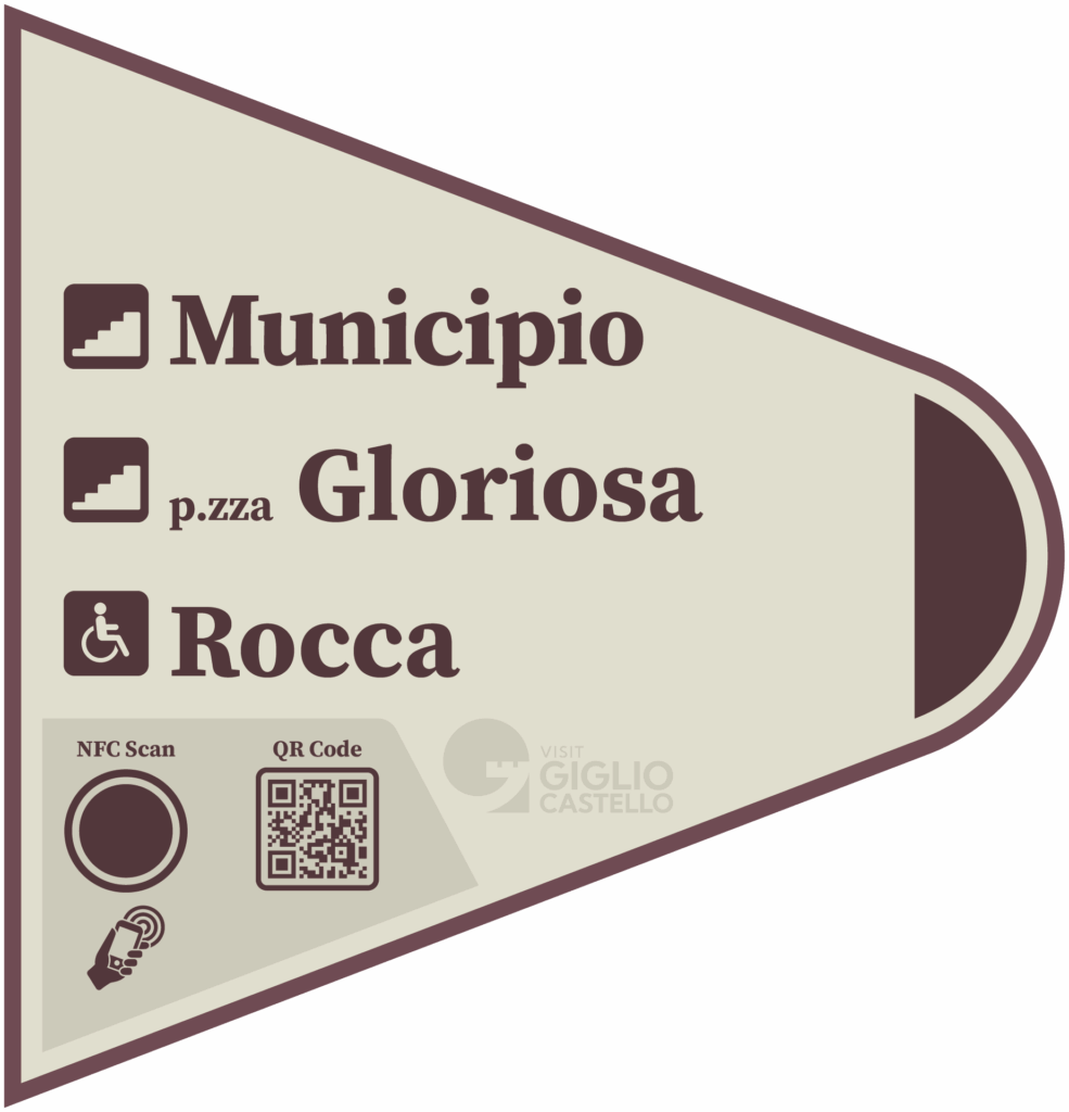 Ulteriore cartello che indica la strada per Municipio, Piazza Gloriosa e Rocca.